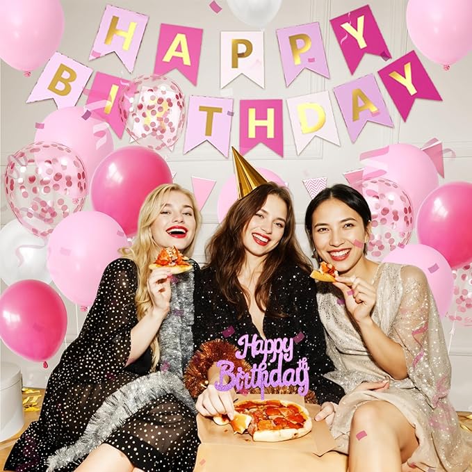 Pink Birthday Decorations, Happy Birthday Party Decorations For Girl Women With Confetti Balloons Hot Pink Pearl White Balloon Fringe Curtain Triangle Flag Banner Cake Topper For Party Supplies