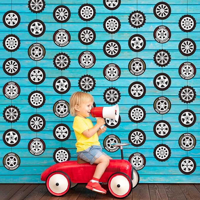 8 Pieces Race Car Party Decorations Wheel Tire Garland Banners Car Tyre Paper Cutouts for Racing Birthday Party Favors Classroom Supplies