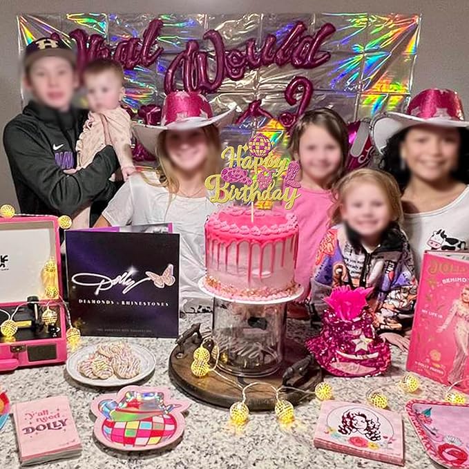 1 PCS Glitter Western Cowgirl Birthday Cake Topper - Disco Cowgirl Cake Decorations for Western Rodeo Theme Girls Birthday Party Supplies - Gold
