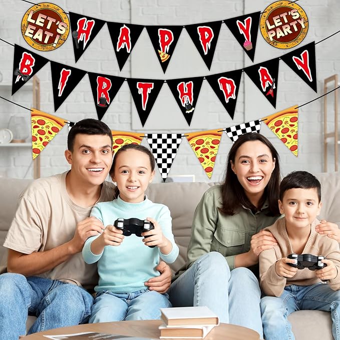 Night Party Decoration Horror Game Happy Birthday Banner Pre-Strung Black White Checkered Pizza Pennant Banner Flags Video Game Bunting Garland for Spooky Creepy Bear Themed Birthday Party Supplies