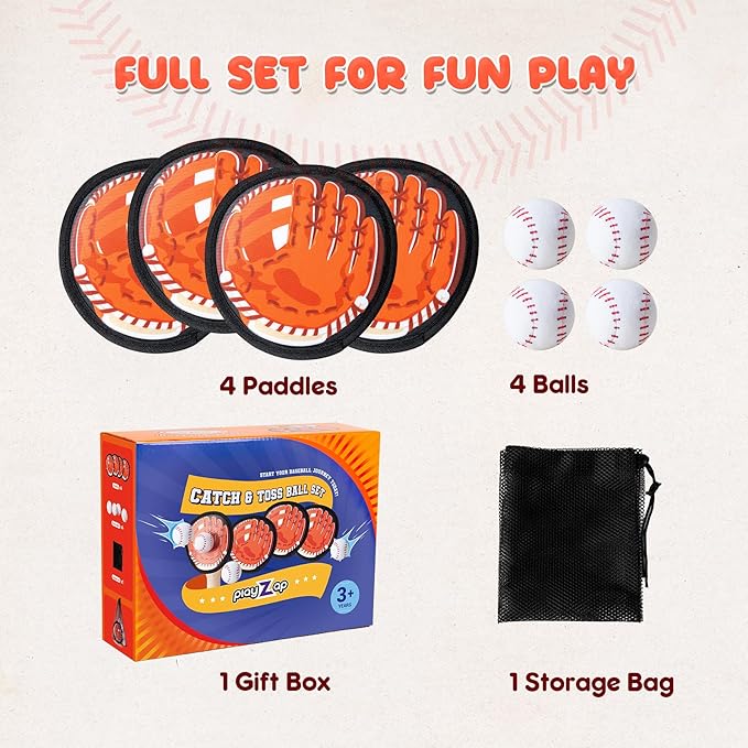Playzap Toss and Catch Ball Set - Baseball Glove Toy Indoor Outdoor Yard Game & Beach/Pool/Sand Toy Set 2 Pack or 4 Pack - Easter Basket Stuffers for Toddlers Kids Youth Boys Girls 2-4 5-7 8-13+ Yrs