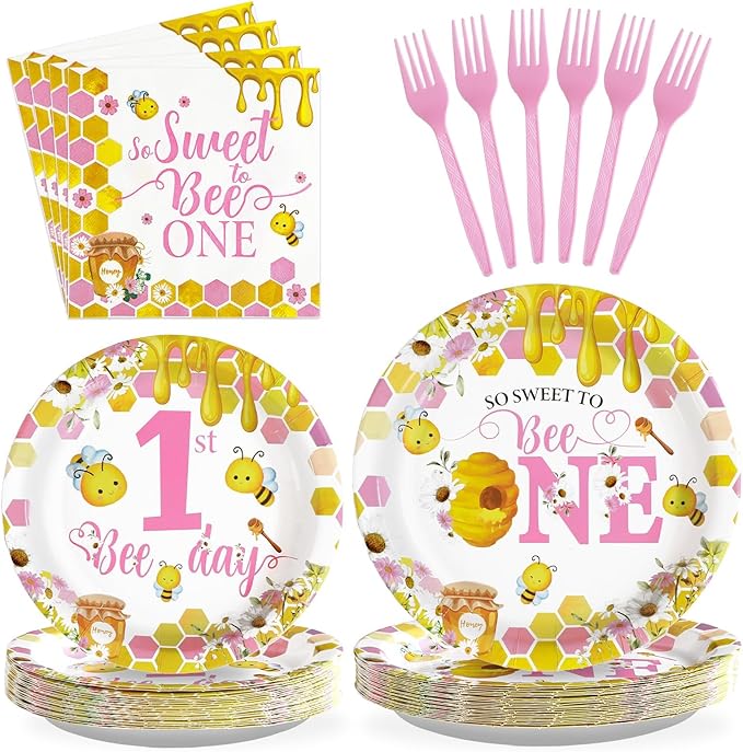 96Pcs Pink Bee 1st Birthday Party Supplies Honey First Bee Girls Baby Shower Plates and Napkins Tableware Sets So Sweet to Bee One Birthday Party Decorations for One Year Old Party Favors,Serves 24