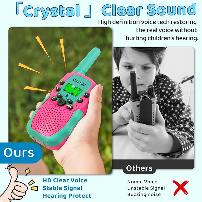 Vvinca Walkie Talkies for Kids Rechargeable 4 Pack, 3 Mile Walkie Talkie Long Range, Christmas Birthday Gift for Age 3-12 Boy Girl with Flashlight 22CH 2 Way Radio for Adventure Camping Outdoor Hiking