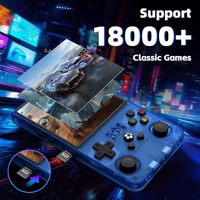 R36MAX Retro Handheld Game Console, Retro Gaming Console with 64G Built-in 18000+ Classic Games, 4.0 Inch 720x720 IPS Screen, Portable Handheld Linux System, 4000mAh Battery (Blue)
