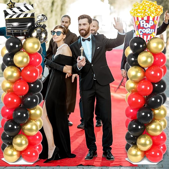2 Sets Movie Night Balloon Column Stand Kit With 102 Popcorn Clapboard Foil Balloons 5.57ft Adjustable Tower Stand With Base Adjustable Arch Column for Camera Film Movie Birthday Party Supplies