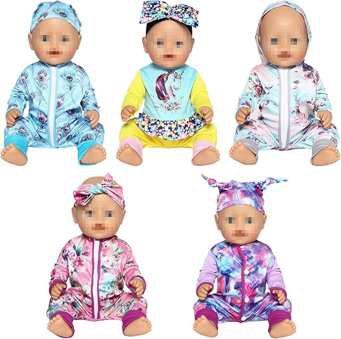 SOTOGO 5 Sets Doll Clothes Outfits Jumpsuits with Hats for 14 to 17 Inch New Born Dolls, American 18 Inch Dolls Clothes and Accessories