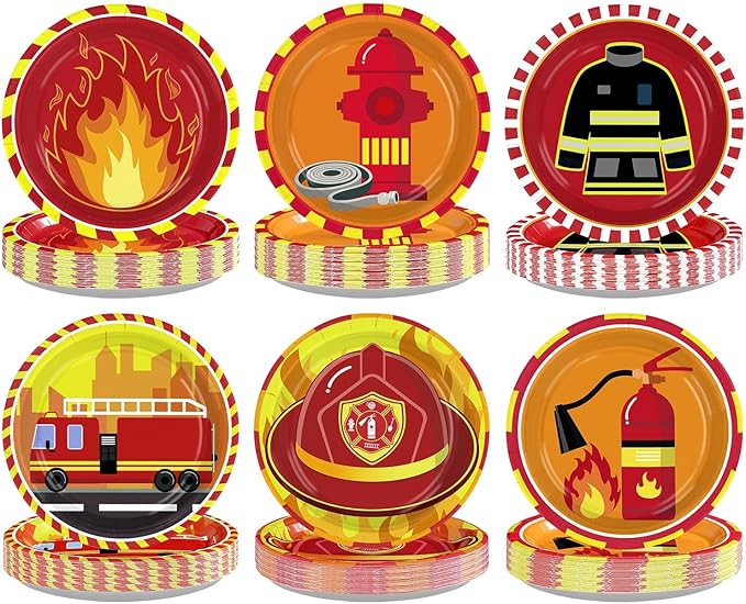 Grencian 60Pcs Firetruck Paper Plates 9" Large Disposable Heavy Duty Red Fire Truck Birthday Platter Firefighter Themed Dessert Plate for Kids Boys Birthday Fireman Fire Lunch Dinner Party Decoration