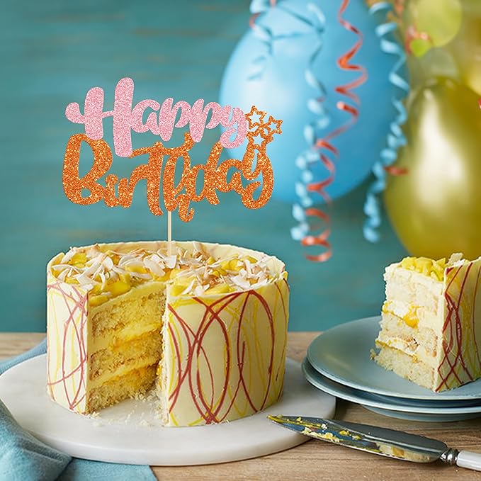 Ephlyn 1Pcs Happy Birthday Cake Topper Glitter Cake Pick for Celebrating Anniversary Party Cake Decorations Supplies Pink Orange