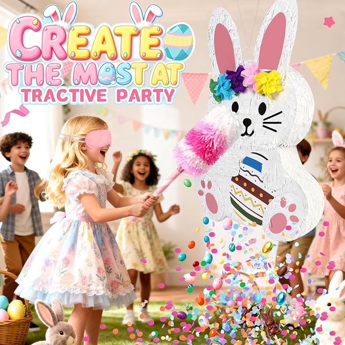 25" Large Easter Decorations Bunny Pinata for Kids Birthday Party - Cute White Rabbit Party Supplies with Matching Stick, Blindfold & Confetti - Sturdy Spring Theme Decor for Easter & Baby Shower