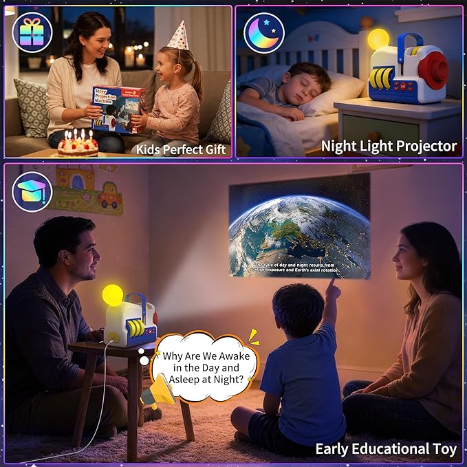 Story Projector for Toddlers Kids Ages 3+ with 4 Story Cards, Earth, Ocean, Dinosaurs, Space, Built-in Audio Player, 9 Sleep Sounds & 5 Night Light Modes, Dual Power Gift Toy for Boys Girls