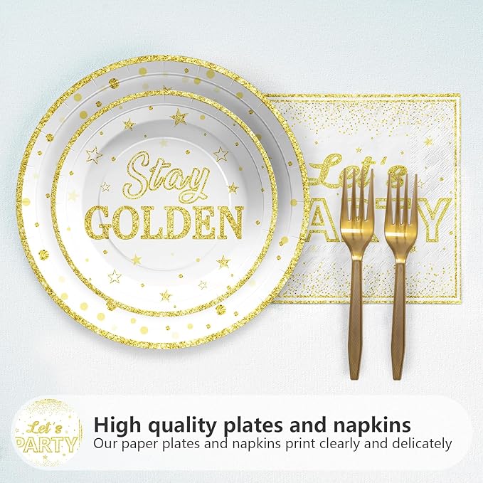 96Pcs Happy Golden Birthday Party Decorations White Gold Plates and Napkins Gold Glitter Disposable Paper Plates Tableware Set for Women Men Happy Birthday Baby Shower Party Supplies Serves 24