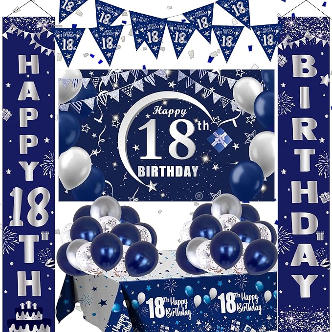 18th Birthday Decorations for Boys and Girls Blue, Happy 18th Birthday Door Backdrop Banner Balloons 18 Years Old Birthday Porch Sign Party Supplies with Latex Balloons Decor 18th Bday Boy Her Him