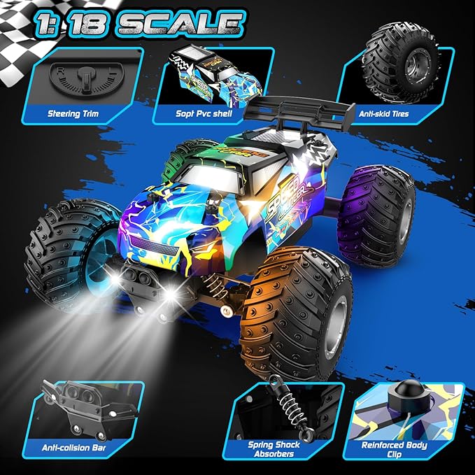 Remote Control Car, 2WD Off-Road Rc Truck, 20 KM/H All-Terrain RC Cars with Headlights & Body Lights, 2.4GHz, 2 Batteries, Remote Control Car for Boys 4-7 8-12, Gift Toys for Boys Girls