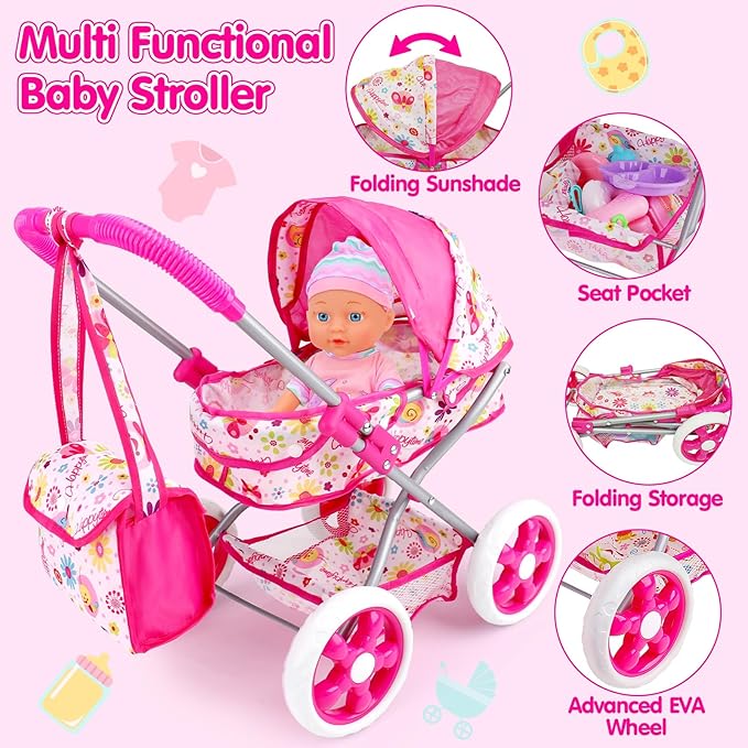 Baby Doll Stroller Set Toys for Girls Toddlers 3-5 4-6 5-7, Baby Doll Playset with 11" Doll, Bathtub and 20PCS Baby Doll Accessories, Baby Stroller Toys for 2 3 4 5 Year Old Girls Birthday Gifts