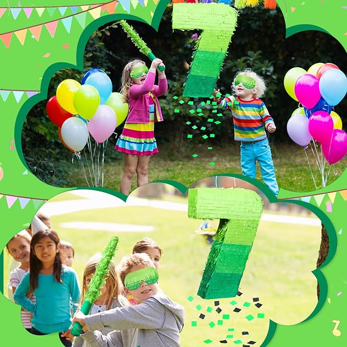 Number Piñata Decorations 16 Inch Gradient Green Piñata with Blindfold Stick and Confetti for Birthday Baby Shower Safari Jungle Themed Party Supplies Centerpiece(Number 7)
