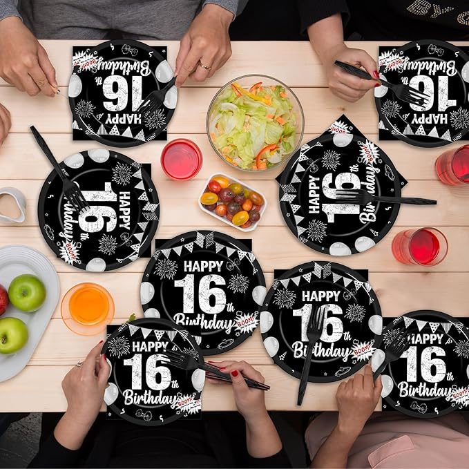 96PCS 16th Birthday Plates and Napkins Black Silver 16th Birthday Supplies for Boys and Girls Disposable Dessert Paper Plates Happy 16 Year Old Party Kids Birthday Gatherings Decorations