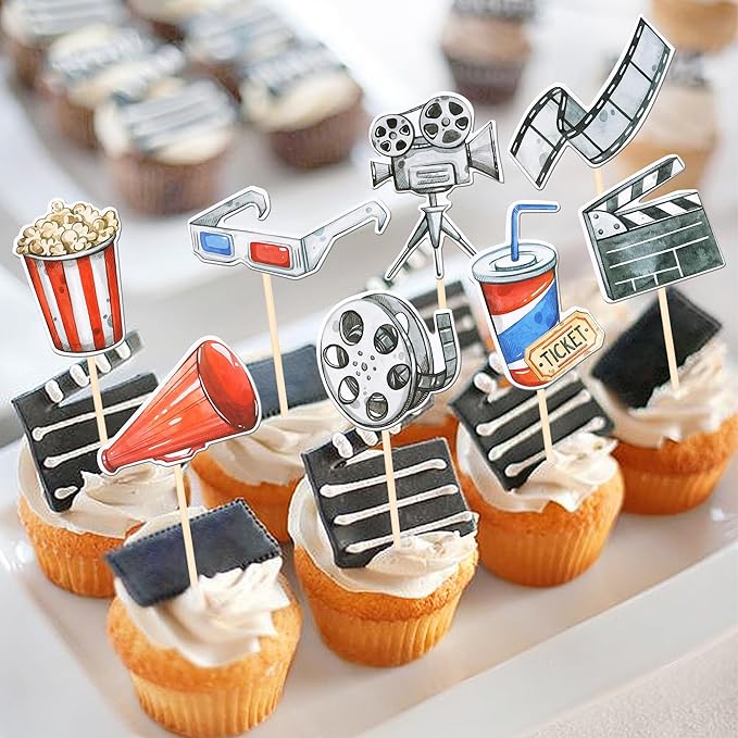 40 PCS Double Sided Movie Night Roll Glasses Camera Popcorn Cupcake Picks Projector Hollywood Cake Decorations for Kids Birthday Party Decro Supplies