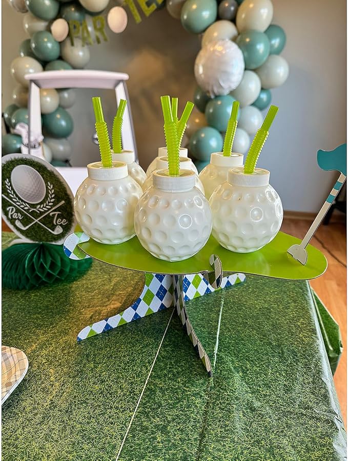 Fun Express Golf Party Decorations Cups - 12 Pack Golf Ball Molded 14 oz Plastic Cups with Lids and Straws | Perfect Birthday Party Supplies & Favors for Kids Themed Celebrations & Events