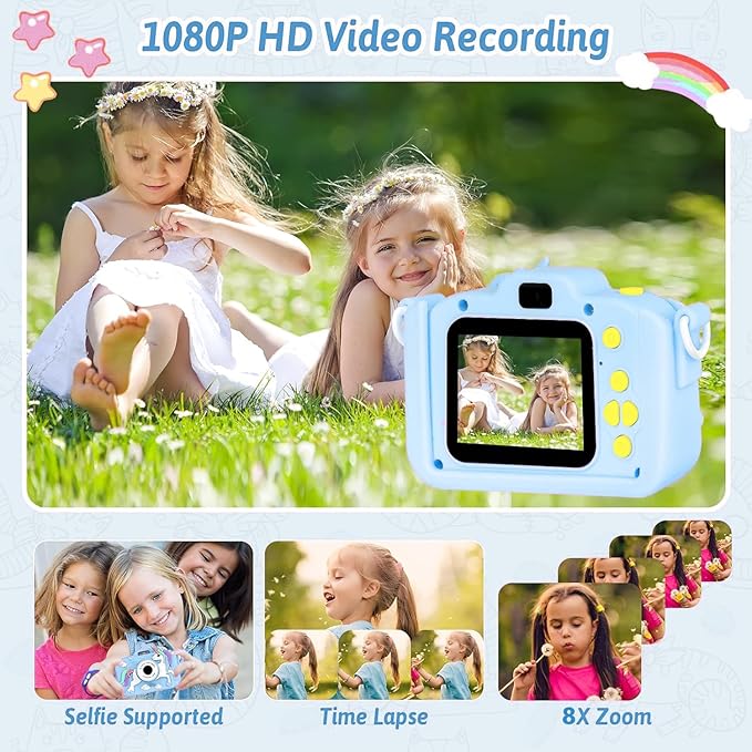 Unicorn Camera for Kids - Toddler Digital Selfie Camera with Silicone Cover, Flash and 32GB SD Card - Children Toy HD Video Kids Camera for Girls and Boys 3-12 Years Old - Blue