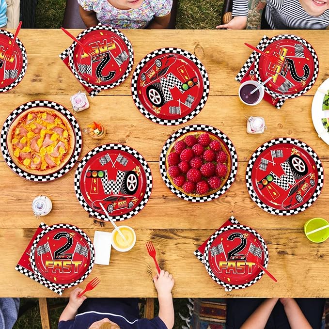 Grencian 96Pcs Race Car Two Fast Decorations 2nd Birthday Party Plates and Napkins Racing Themed Disposable Tableware Set for 2 years old Boys Transportation Birthday Party Serve 24