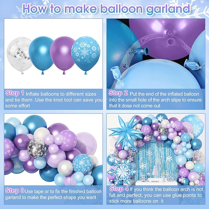 Amandir 162PCS Snow Birthday Party Supplies, Snow Balloon Garland Arch Kit Fringe Curtain Blue Purple Snowflake Confetti Balloons Princess Winter Wonderland Girl Baby Party Decorations