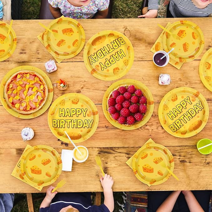 96Pcs Cheese Birthday Party Decorations Pizza Cheese Birthday Plates and Napkins Tableware Set Cartoon Funny Cheesy Party Decorations for Boys Girls Baby Shower Macaroni Party Supplies Serves 24