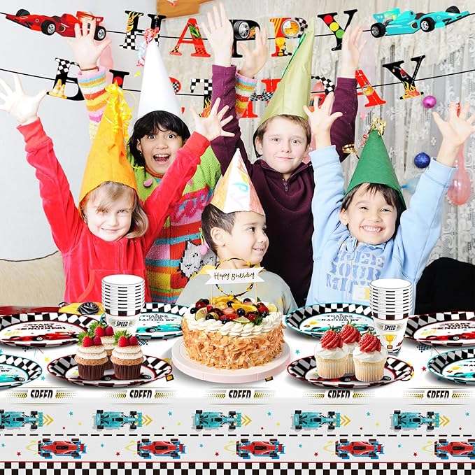Race Car Birthday Party Decorations Supplies Set Includes Plates Napkins Cups Banner and Tablecloth for Race Car Party Decorations, Serve 24