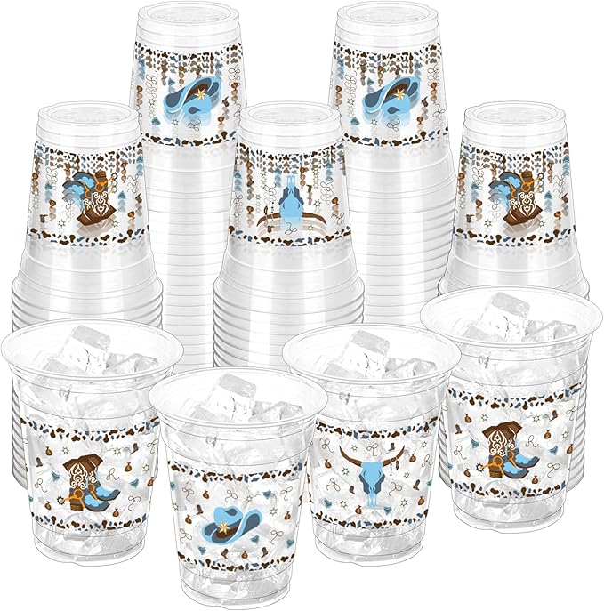 100 Pcs Western Cowboy Plastic Cups, 12 oz Blue Clear Disposable Party Cups for Baby Shower, Birthday Supplies