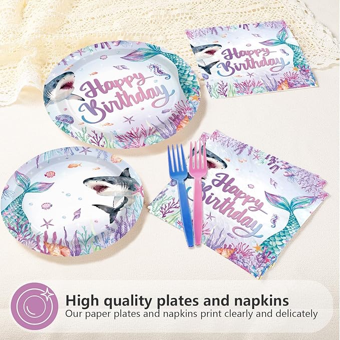 96Pcs Mermaid Shark Happy Birthday Decorations Ocean Sea Plates and Napkins Disposable Mermaid Shark Bday Paper Tableware for Girls Baby Kids Boys Birthday Baby Shower Bday Party Supplies Serves 24