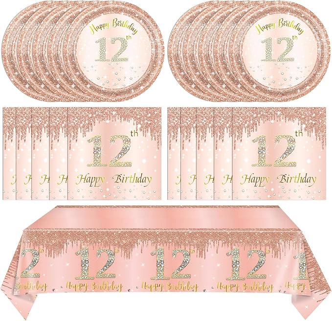 41Pcs 12th Birthday Decorations for Girls Rose Gold 12th Birthday Party Plates and Napkins,Tablecloth Happy 12 Years Birthday Party Tableware Set for 12 Year Old Girls Teenager Party Favor Supplies