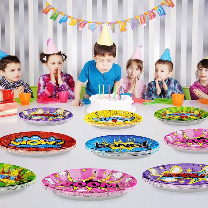60Pcs Super Theme Hero Party Plates 9"Large Disposable Colorful Comic Super Paper Plates Hero's Action Sign Dessert Plate Super Theme Hero Birthday Decoration for Kid Baby Shower Spider Party Supplies