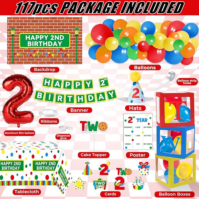 Happy 2nd Birthday Decorations for Baby - Friends 2nd Cookie Birthday Party Favor Red Brick Wall Street Party Supplies Includes Cake Topper Birthday Hat Backdrop Tablecloth Banner Arch Balloon