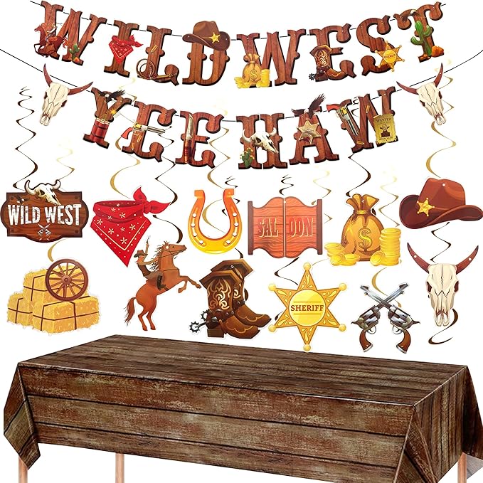 Western Cowboy Party Decorations Wild West Banner Brown Wood Tablecloth Western Hanging Swirl Decorations for Cowboy Birthday Party Supplies (4, Brown, Large)