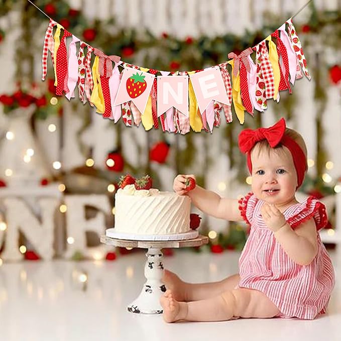Strawberry First Birthday High Chair Banner - Sweet Berry 1st Birthday Party Decoration Supplies Highchair Banner, Strawberry Sign Anniversary Party Celebration Party Photo Props Banner