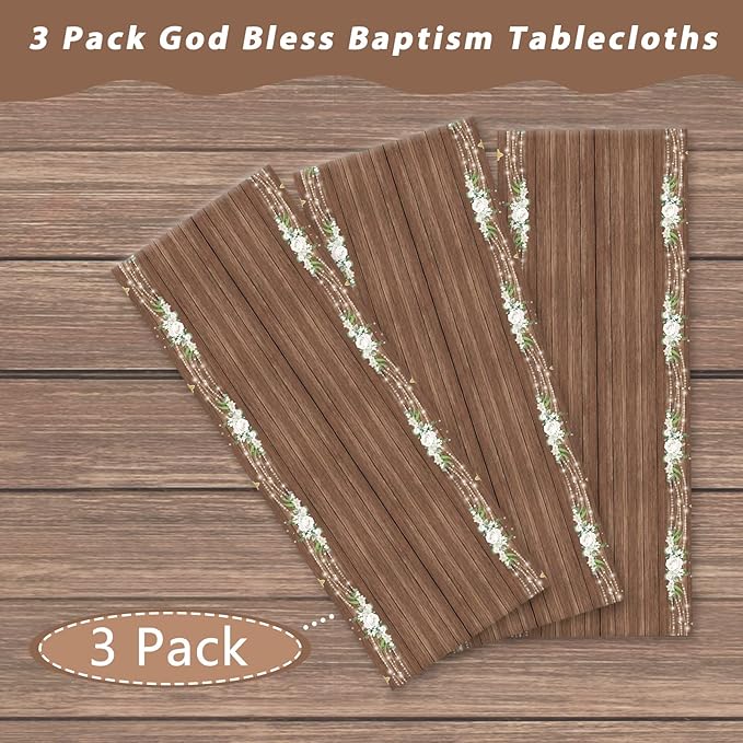 3 PCS God Bless Baptism Tablecloths - Decoration for First Holy Communion, Christening, Newborn Baby Shower Theme Supplies - Plastic Table Cover - Rustic Wood Floral Party Favors