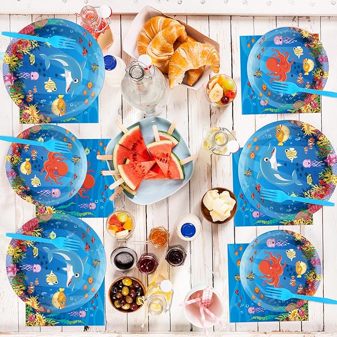 gisgfim 96 Pcs Ocean Under the Sea Plates and Napkins Party Supplies Ocean Themed Tableware Set Lunch Napkins Party Decorations Favors for Underwater Dolphin Fish Birthday Baby Shower Serves 24