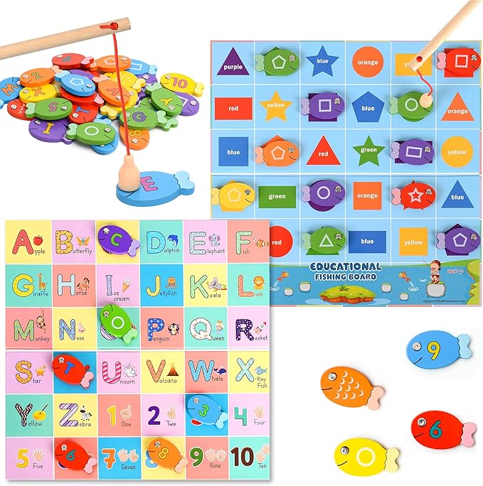 Haktoys Fishing Alphabet Game for Toddlers and Kids Learn ABCs Numbers Colors and Shapes Magnetic Fishing Toy Montessori Educational Learning Game