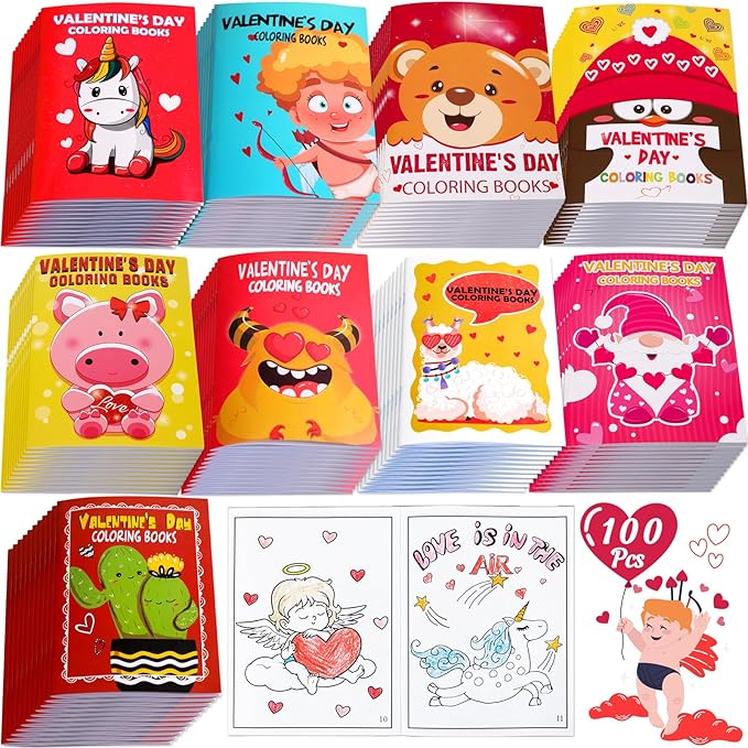 90shine 100PCS Valentines Day Mini Coloring Books Gifts for Kids Bulk, Valentine Crafts Goodie Bag Stuffers Exchange Classroom School Party Favors Holiday Class Activity Supplies
