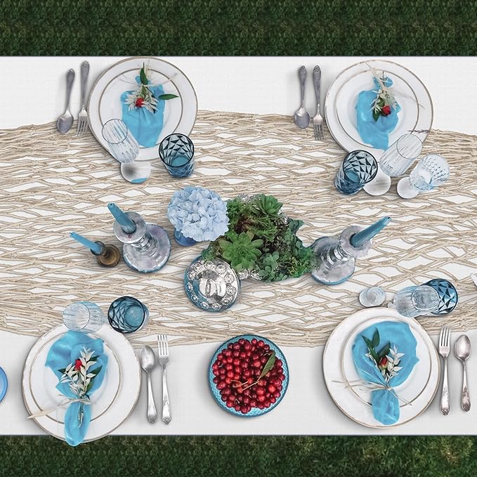 Unittype 6 Pack Fish Net Decorative and Tablecloth Set, Cotton Fishnet and Plastic Table Cover Decorations Set for Nautical Themed Party Baby Shower Pirate Decorations Mermaid Party Supply (White)
