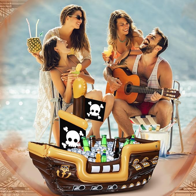 Zhanmai Inflatable Pirate Ship Drink Cooler Inflatable Serving Bar Food Container for Summer Carniva Mardi Gras Pirate Birthday Party Favor Supplies Decorations(Bright Colors,Fun)