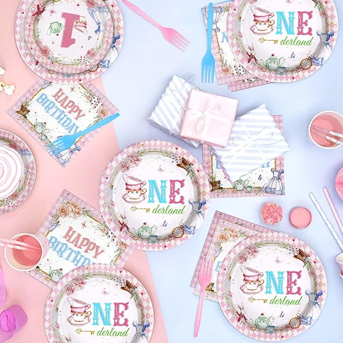 Grencian 96Pcs Onderland First Birthday Party Supplies Onederland 1st Birthday Plates Napkins Forks Disposable Tableware Set for Girls One Year Old birthday Decorations Tea Party Baby Shower Serve 24