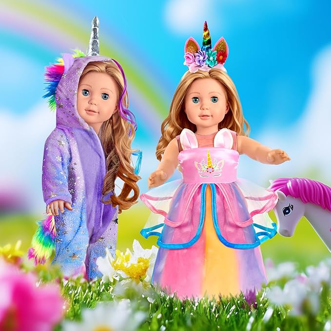 2-Sets 18-inch Doll-Clothes Set - Unicorn Clothes with Hair Clip and Headband - Compatible with All 18 inch Dolls Accessories for Kids