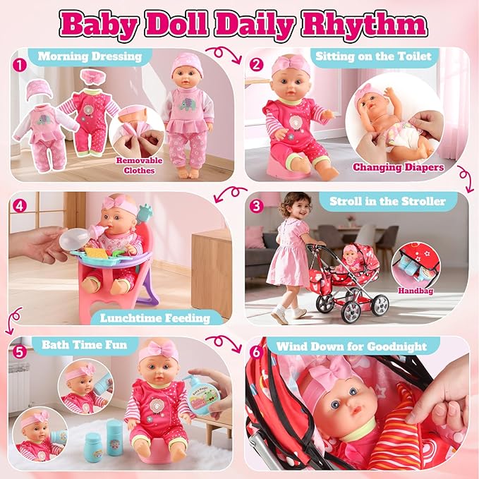 Baby Doll Stroller Set for Toddler Girls 3-5, A 12.5" Babydoll with Baby Doll Accessories, Pillow, Blanket & 2 Sets Clothes, Doll Playset Toy Stroller for Kids, Gift 3 4 5 Year Old Girl Toys