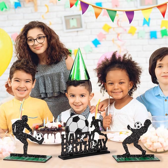 Geetery 7 Pcs Soccer Table Top Decorations Centerpieces Soccer Ball Happy Birthday Wooden Signs Player Silhouette Detachable Gifts for Football Fans Club Sports Theme Party Supplies