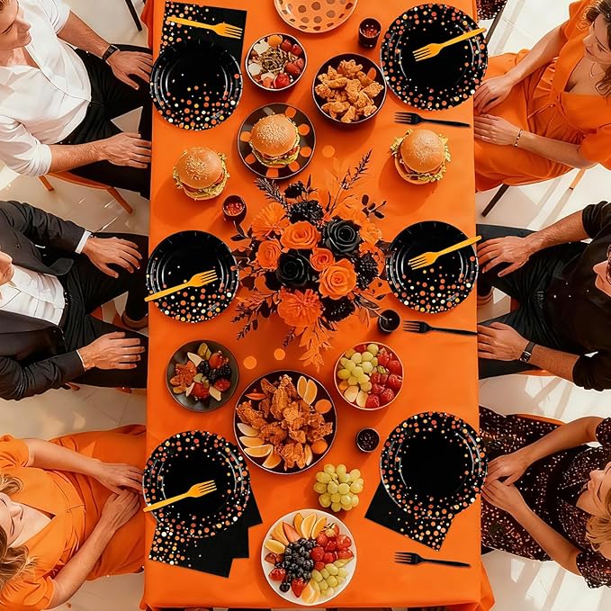96Pcs Orange and Black Birthday Party Decorations Black Orange Polka Dot Plates and Napkins Sets for Birthday Wedding Bridal Shower Baby Shower Harvest Party Supplies Serves 24