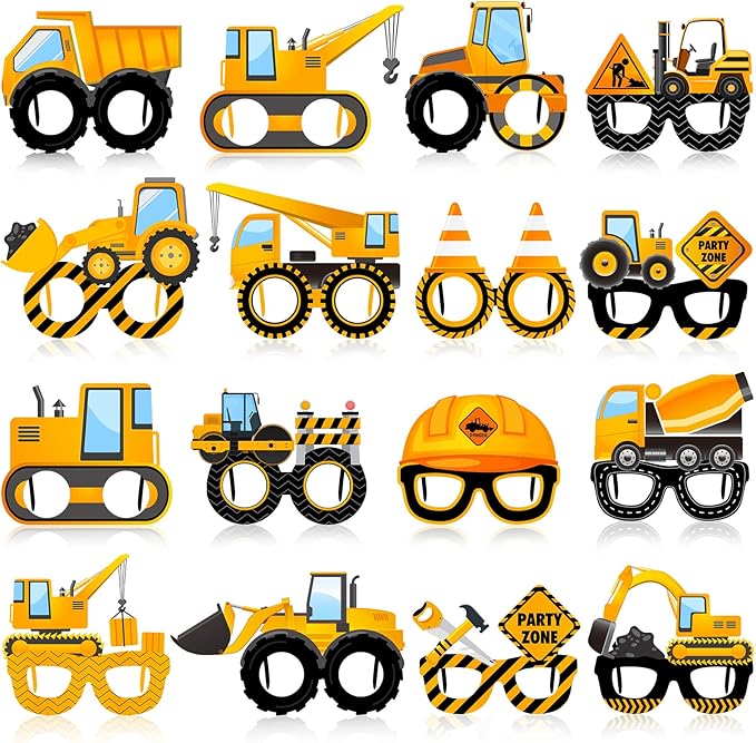 Funrous 32 Pcs Construction Theme Party Eyeglasses Dump Truck Cardboard Glasses Engineering Excavator Photo Booth Props for Boy Transportation Birthday Party Supplies Favor