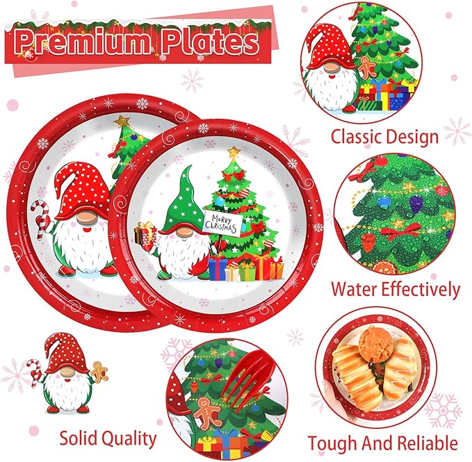 96 Pcs Christmas Party Supplies Paper Plates Napkins Merry Christmas Tree Gnome Party Disposable Tableware Set Decorations Favors for Holiday Xmas Serves 24