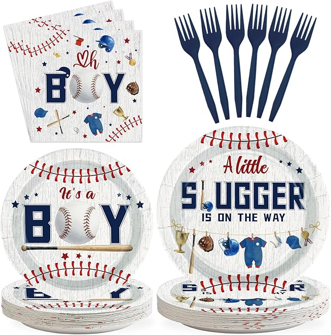 Grencian 96 Pcs Baseball Baby Shower Party Supplies It‘s A Boy Paper Plates Napkins A Little is on The Way Plates Baseball Theme Baby Shower Party Decorations for Boy Serves 24
