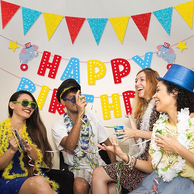 Zwiebeco Red Blue Yellow Carnivals Happy Birthday Party Decoration Banner Triangle Flags Pennant Sign Hanging Paper Garland Bunting for Kids Adults Circus Themed Accessories Supplies