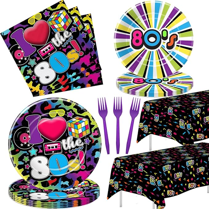 80's Party Decorations Tableware - 80's Theme Party Supplies, 80s Decorations Dinnerware, Paper Plates, Napkins, Tablecloth, Forks, 80s Birthday Party Decorations and Supplies | Serve 24
